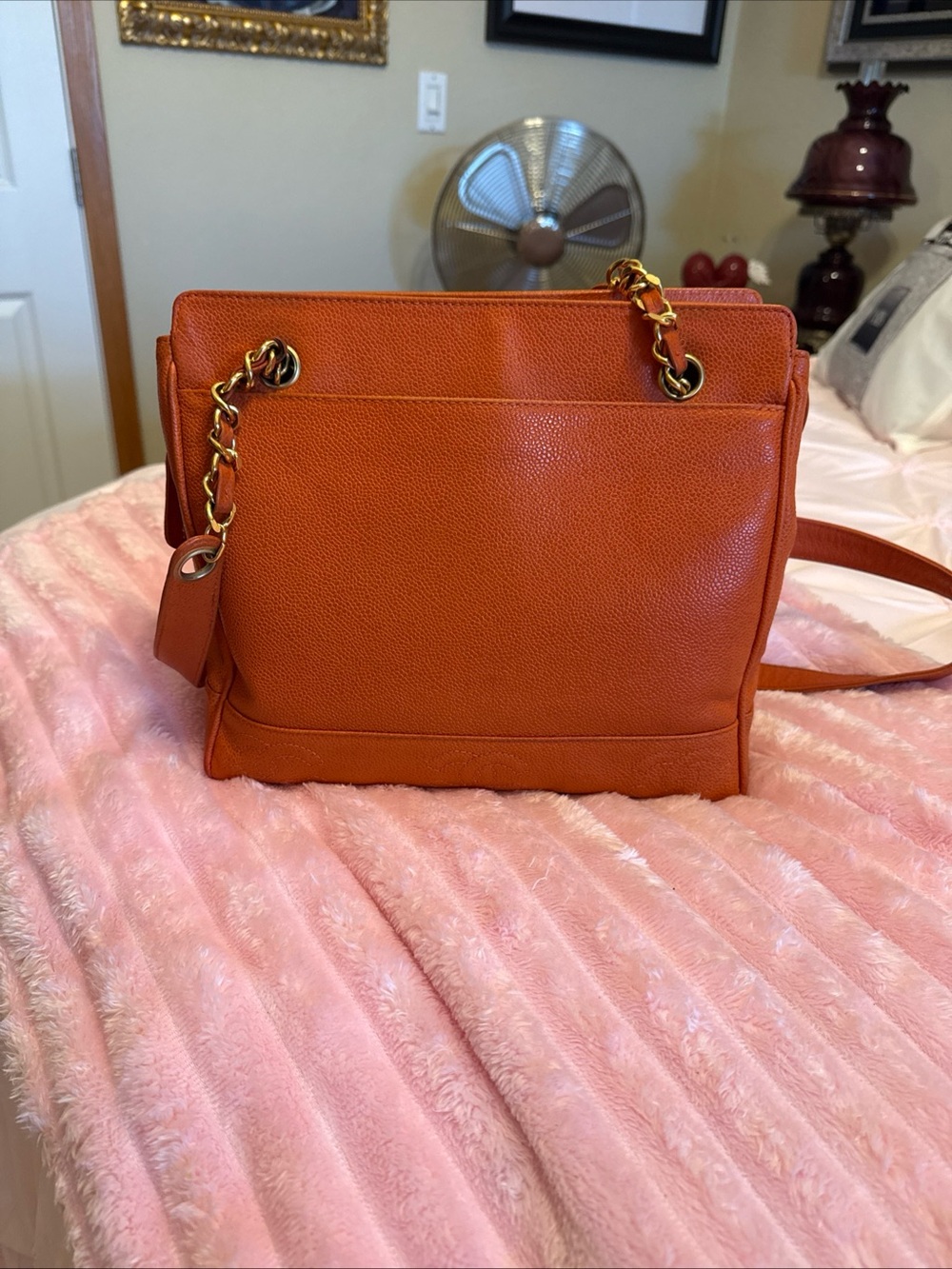 CHANEL Orange Leather Shoulder Bag with Gold Chain Hardware